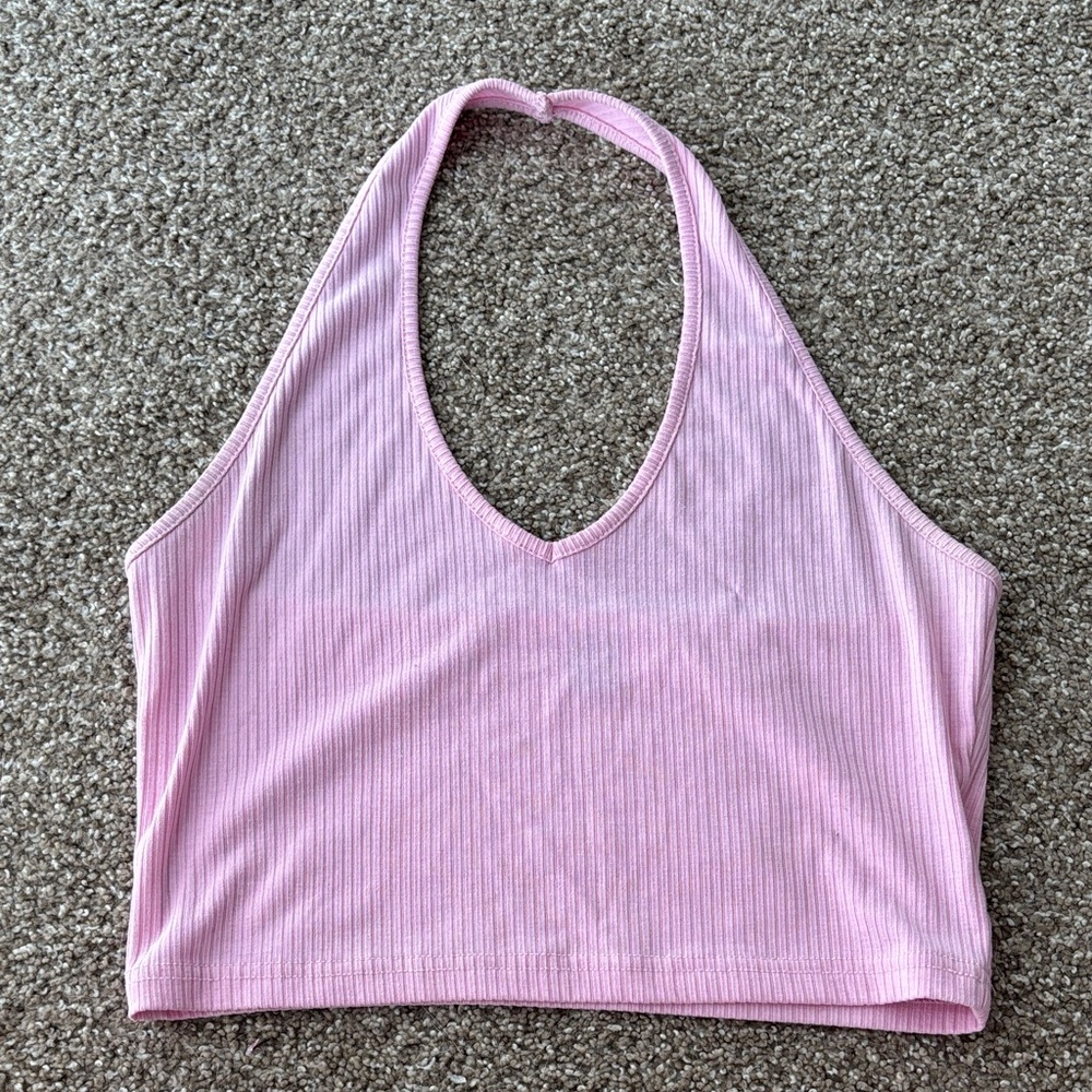 SHEIN Light Pink Ribbed Halter Crop Top
